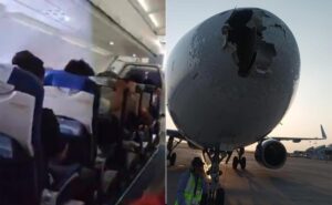 Passengers shout as an indigo flight due to collision with turbulance, the aircraft damaged Delhi Noida Ole Storm Rain Dust Weather
